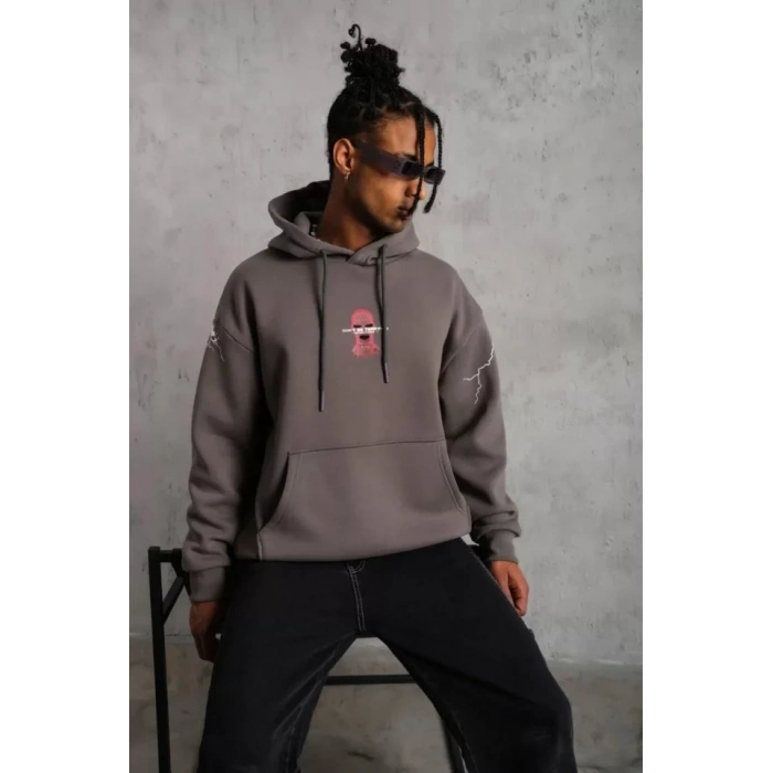 Biçomi Erkek Maske Baskılı Kapüşonlu Sweat - Gri