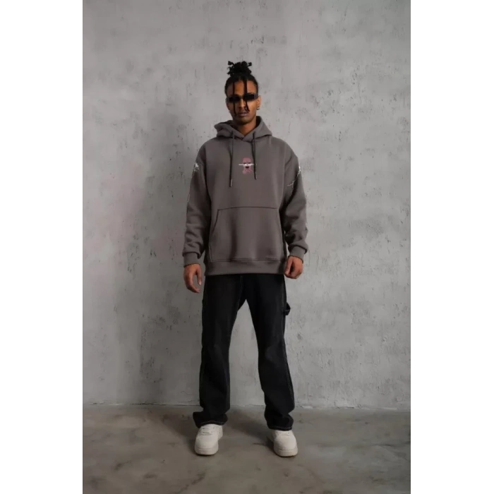 Biçomi Erkek Maske Baskılı Kapüşonlu Sweat - Gri