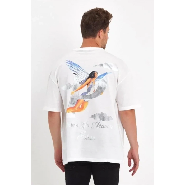 Biçomi Erkek Melek Baskılı Oversize T-shirt - Beyaz