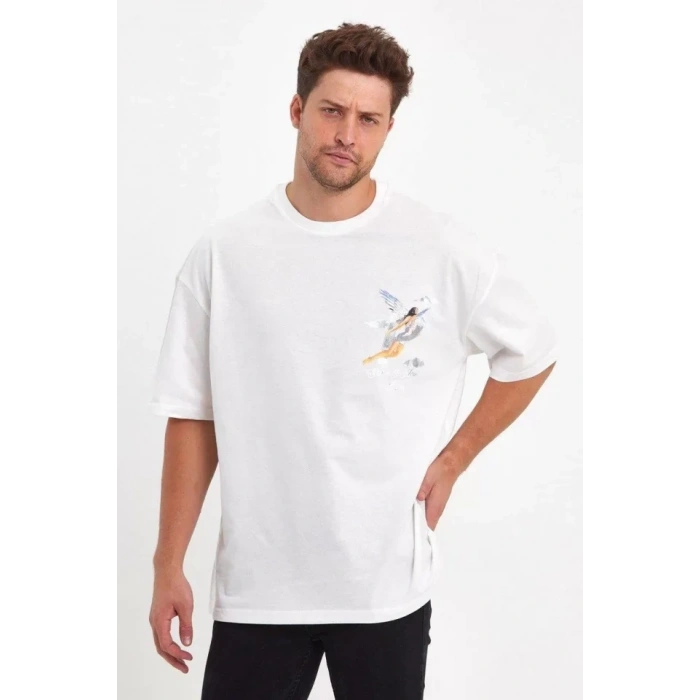 Biçomi Erkek Melek Baskılı Oversize T-shirt - Beyaz