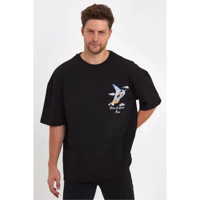 Biçomi Erkek Melek Baskılı Oversize T-shirt - Siyah
