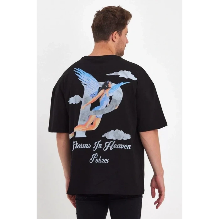 Biçomi Erkek Melek Baskılı Oversize T-shirt - Siyah