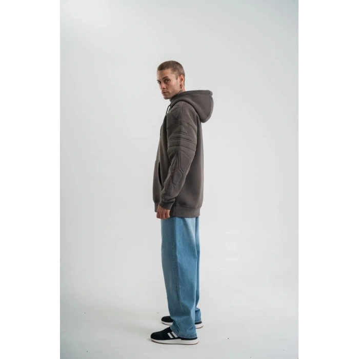 Biçomi Erkek Nakış İşlemeli Kapşonlu Antrasit Sweatshirt Üç İplik Double Oversize- Füme