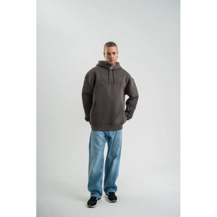 Biçomi Erkek Nakış İşlemeli Kapşonlu Antrasit Sweatshirt Üç İplik Double Oversize- Füme