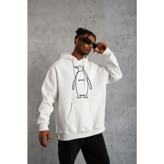 Biçomi Erkek Nihilist Penguen Özel Tasarım Oversize Kapüşonlu Sweatshirt - Beyaz