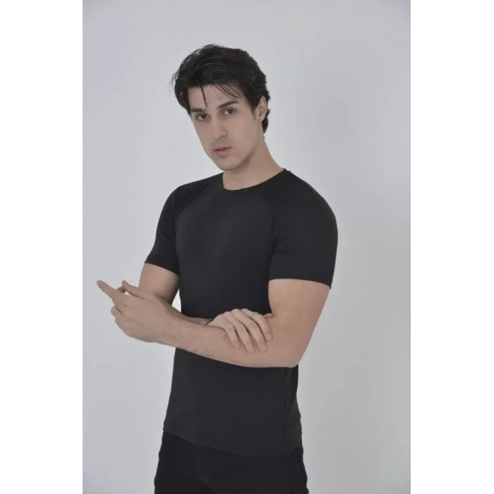 Biçomi Erkek Omuz Fileli Slim Fit T-shirt - Siyah
