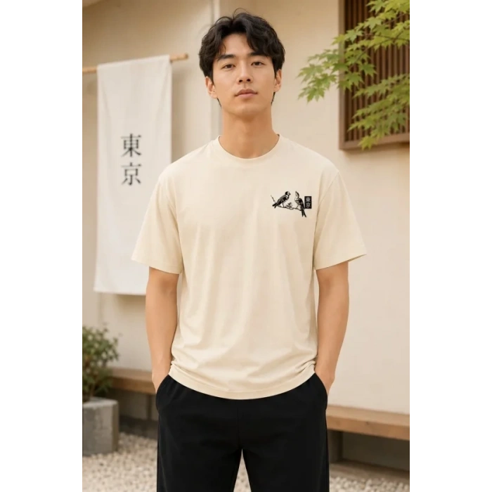 Biçomi Erkek Ön Ve Arka Tokyo Kuş Çiçek Baskılı Oversize T-Shirt - Ekru