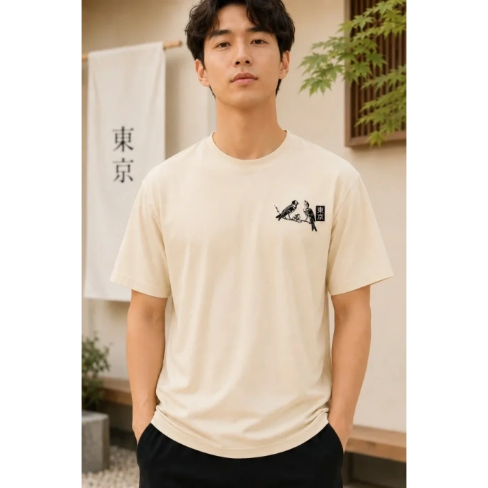 Biçomi Erkek Ön Ve Arka Tokyo Kuş Çiçek Baskılı Oversize T-Shirt - Ekru