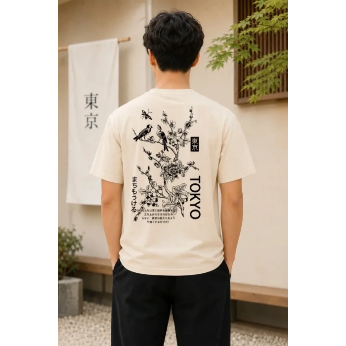 Biçomi Erkek Ön Ve Arka Tokyo Kuş Çiçek Baskılı Oversize T-Shirt - Ekru
