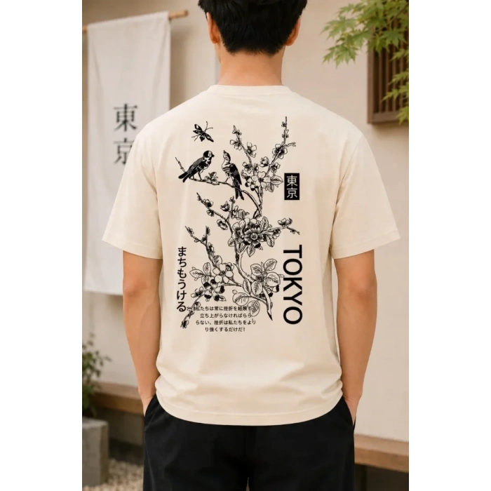 Biçomi Erkek Ön Ve Arka Tokyo Kuş Çiçek Baskılı Oversize T-Shirt - Ekru