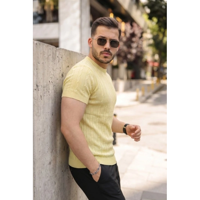 Biçomi Erkek Örgü Desen Bisiklet Yaka Triko Tişört - %100 Pamuk Akrilik