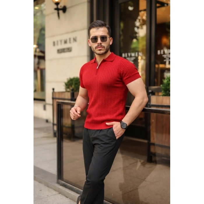 Biçomi Erkek Örgü Desen Fermuar Yakalı Triko Tişört