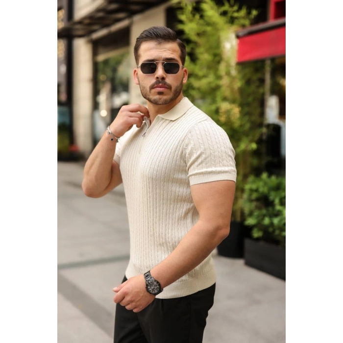 Biçomi Erkek Örgü Desen Fermuar Yakalı Triko Tişört