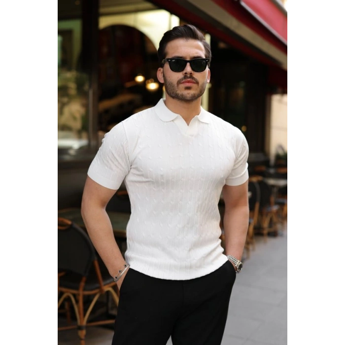 Biçomi Erkek Örgü Desen Yakalı Kısa Kollu Triko Tişört