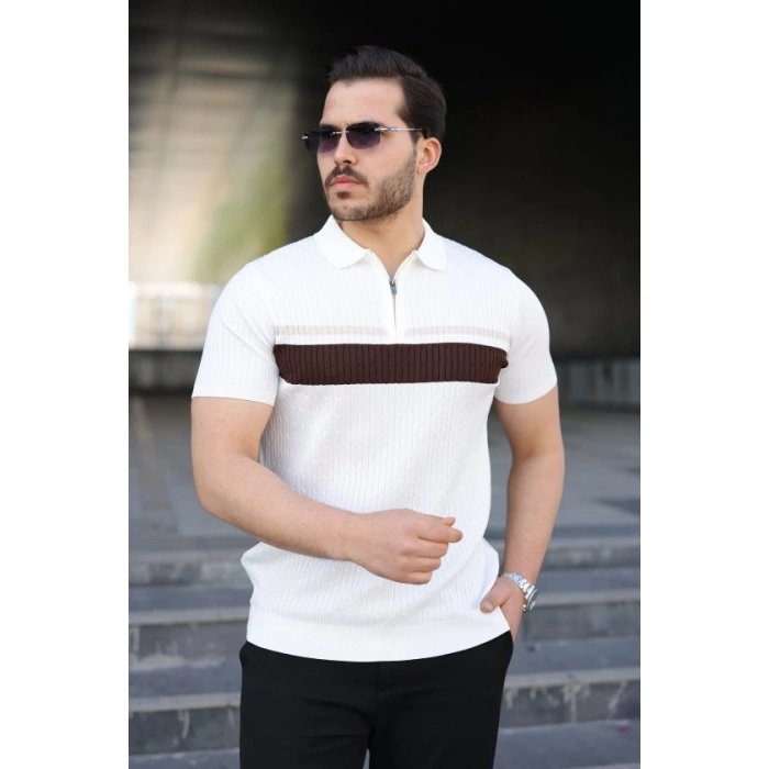Biçomi Erkek Örgü Desenli Renkli Kısa Kollu Triko Tişört