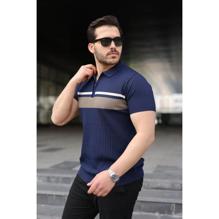 Biçomi Erkek Örgü Desenli Renkli Kısa Kollu Triko Tişört