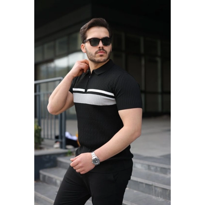 Biçomi Erkek Örgü Desenli Renkli Kısa Kollu Triko Tişört