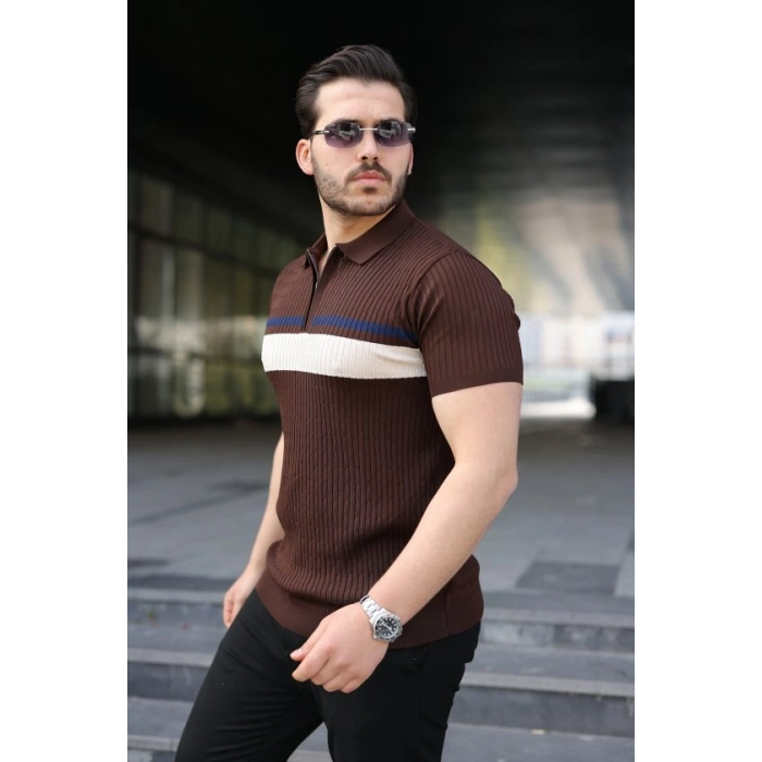 Biçomi Erkek Örgü Desenli Renkli Kısa Kollu Triko Tişört