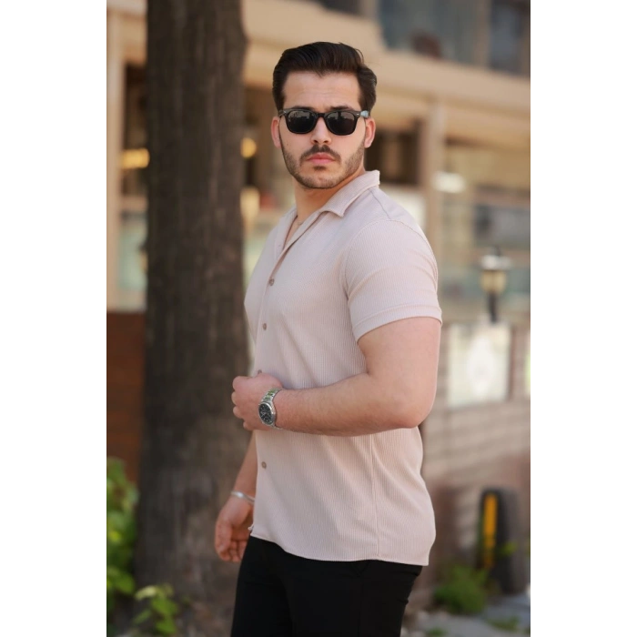 Biçomi Erkek Ottoman Kumaş Apaj Yaka Kısa Kollu Gömlek