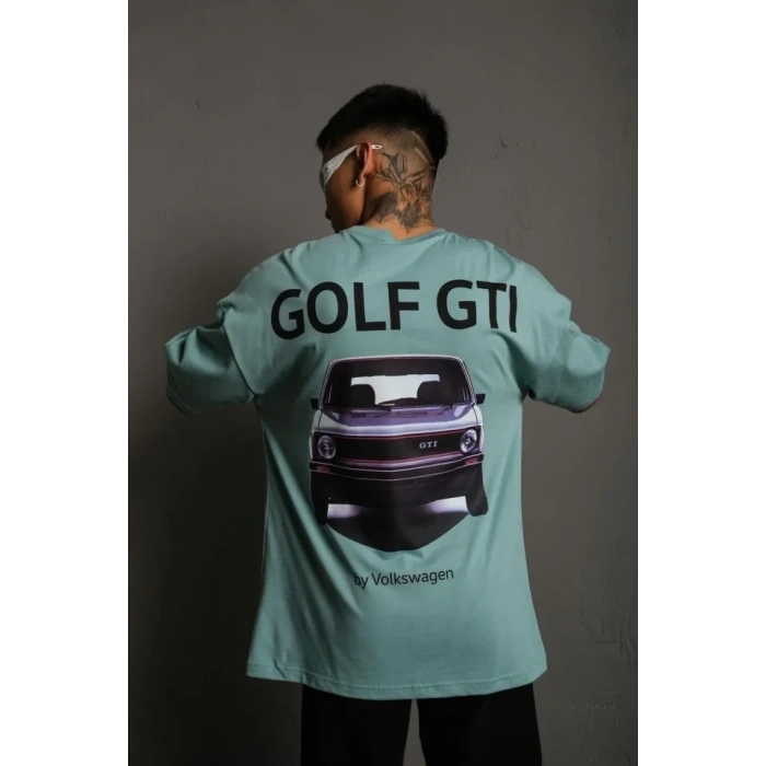 Biçomi Erkek Oversize Baskılı Tişört – Golf GTI Retro Araba Desenli, Ön - Arka Dijital Baskı, Sokak Modası Stil - Mint Yeşili