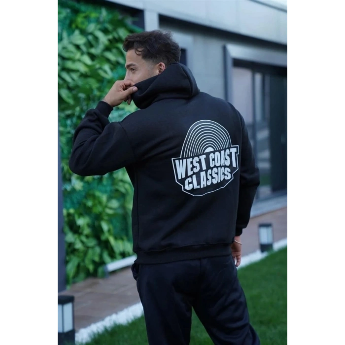 Biçomi Erkek Oversize Üç İplik Kapüşonlu Sweatshirt – Siyah Sırt Ve Ön Baskılı, Kanguru Cepli, Rahat Kalıp, İçi Pamuklu ModeL-Siyah