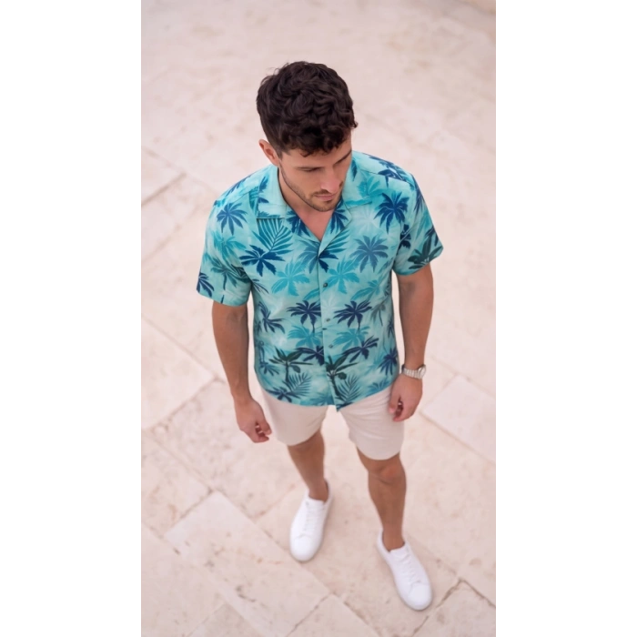 Biçomi Erkek Palmiye Desenli Kısa Kollu Hawai Gömlek