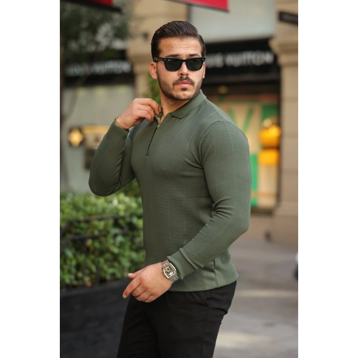 Biçomi Erkek Pirinç Desenli Uzun Kollu Yakalı Triko