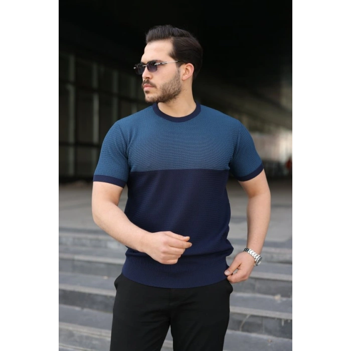 Biçomi Erkek Renk Bloklu Bisiklet Yaka Kısa Kollu Triko Tişört