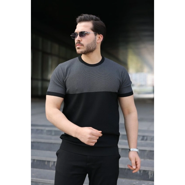 Biçomi Erkek Renk Bloklu Bisiklet Yaka Kısa Kollu Triko Tişört