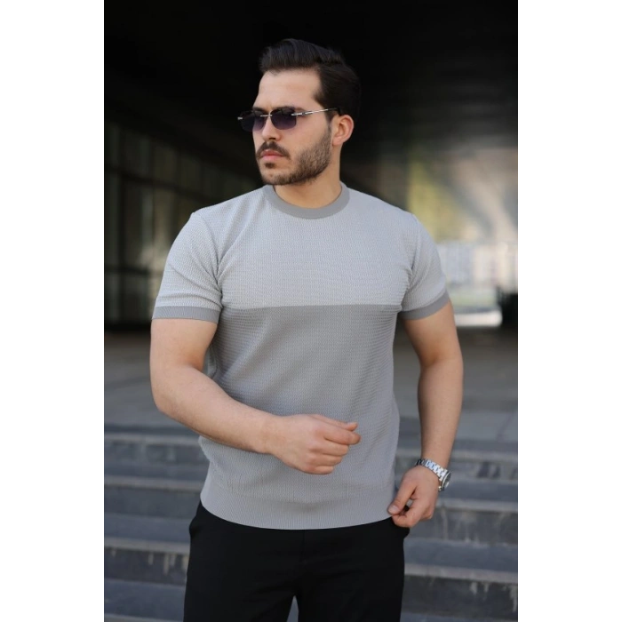 Biçomi Erkek Renk Bloklu Bisiklet Yaka Kısa Kollu Triko Tişört