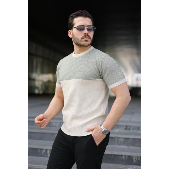Biçomi Erkek Renk Bloklu Bisiklet Yaka Kısa Kollu Triko Tişört