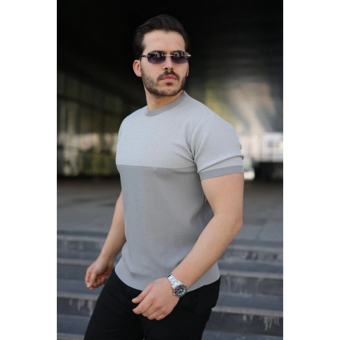 Biçomi Erkek Renk Bloklu Bisiklet Yaka Kısa Kollu Triko Tişört