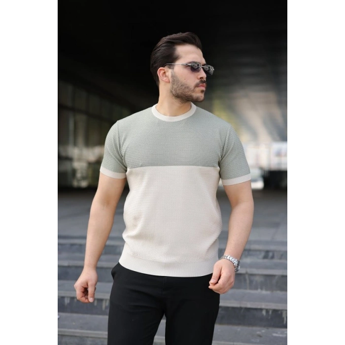 Biçomi Erkek Renk Bloklu Bisiklet Yaka Kısa Kollu Triko Tişört