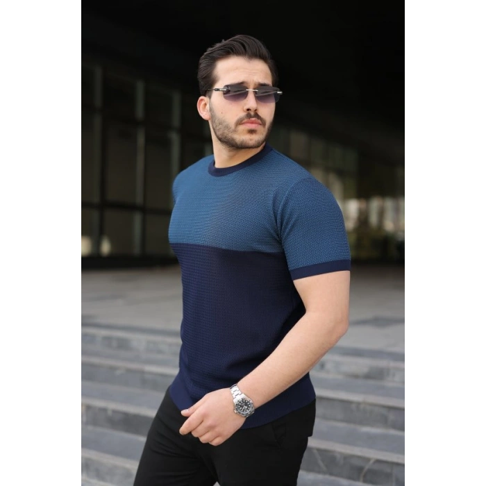 Biçomi Erkek Renk Bloklu Bisiklet Yaka Kısa Kollu Triko Tişört