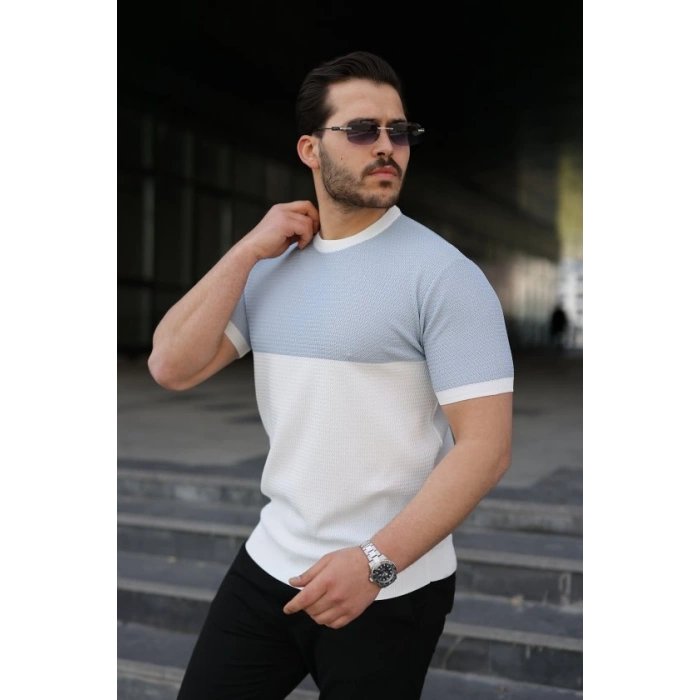 Biçomi Erkek Renk Bloklu Bisiklet Yaka Kısa Kollu Triko Tişört