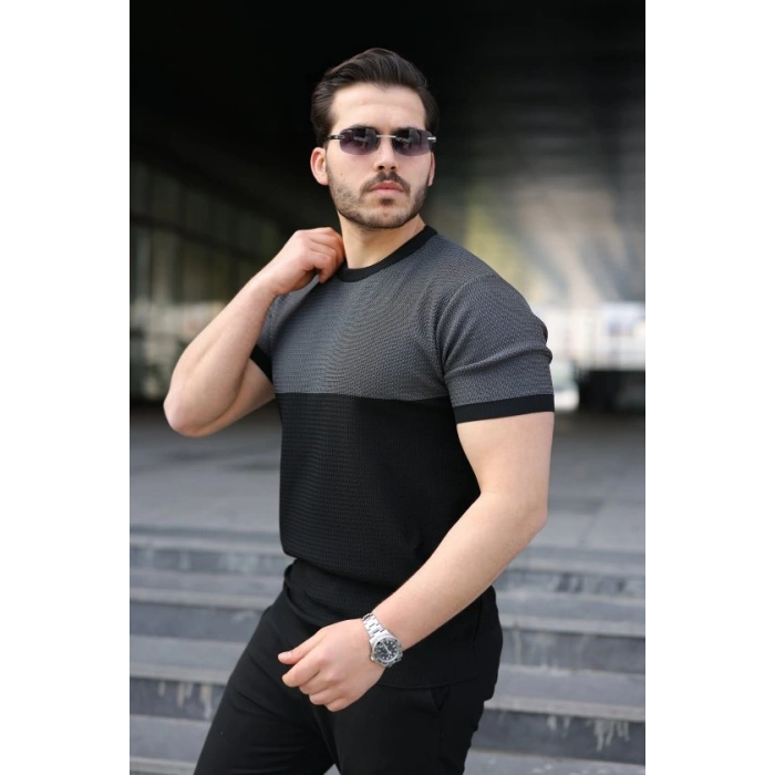 Biçomi Erkek Renk Bloklu Bisiklet Yaka Kısa Kollu Triko Tişört