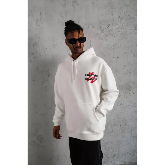Biçomi Erkek Şapkalı Güvercin Baskılı Kapşonlu Sweat - Beyaz
