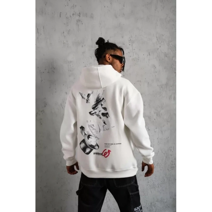 Biçomi Erkek Şapkalı Güvercin Baskılı Kapşonlu Sweat - Beyaz