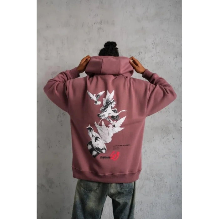 Biçomi Erkek Şapkalı Güvercin Baskılı Kapşonlu Sweat - Gül Kurusu