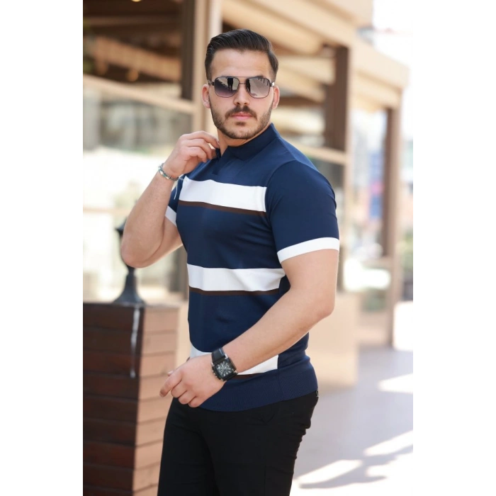 Biçomi Erkek şerit Desenli Hemşire Yaka Kısa Kollu Tişört
