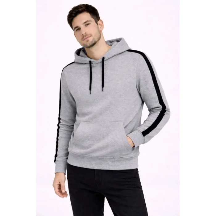Biçomi Erkek Şeritli Kapüşonlu Sweatshirt Oversize 3 Iplik Pamuklu - Gri