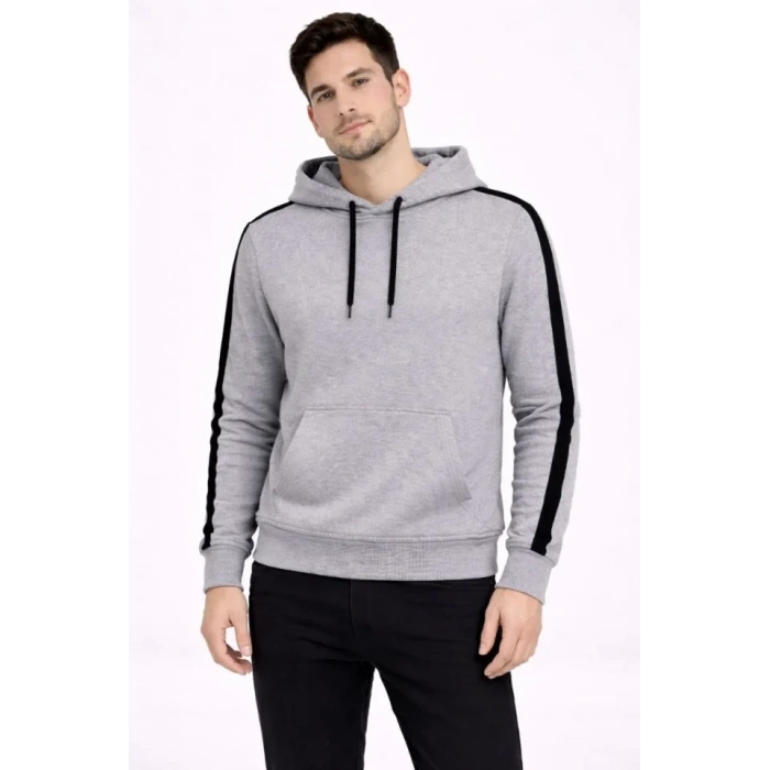 Biçomi Erkek Şeritli Kapüşonlu Sweatshirt Oversize 3 Iplik Pamuklu - Gri
