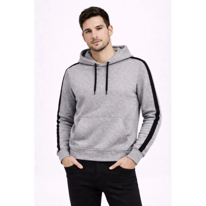 Biçomi Erkek Şeritli Kapüşonlu Sweatshirt Oversize 3 Iplik Pamuklu - Gri