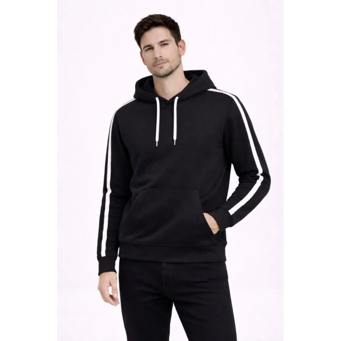 Biçomi Erkek Şeritli Kapüşonlu Sweatshirt Oversize 3 Iplik Pamuklu - Siyah