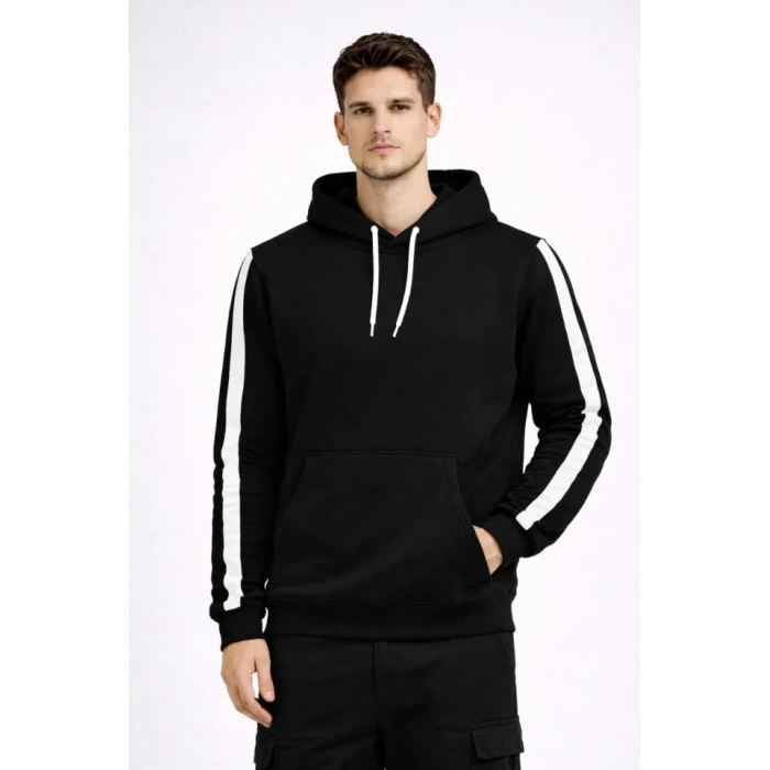 Biçomi Erkek Şeritli Kapüşonlu Sweatshirt Oversize 3 Iplik Pamuklu - Siyah