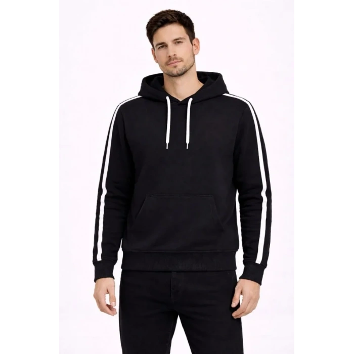Biçomi Erkek Şeritli Kapüşonlu Sweatshirt Oversize 3 Iplik Pamuklu - Siyah