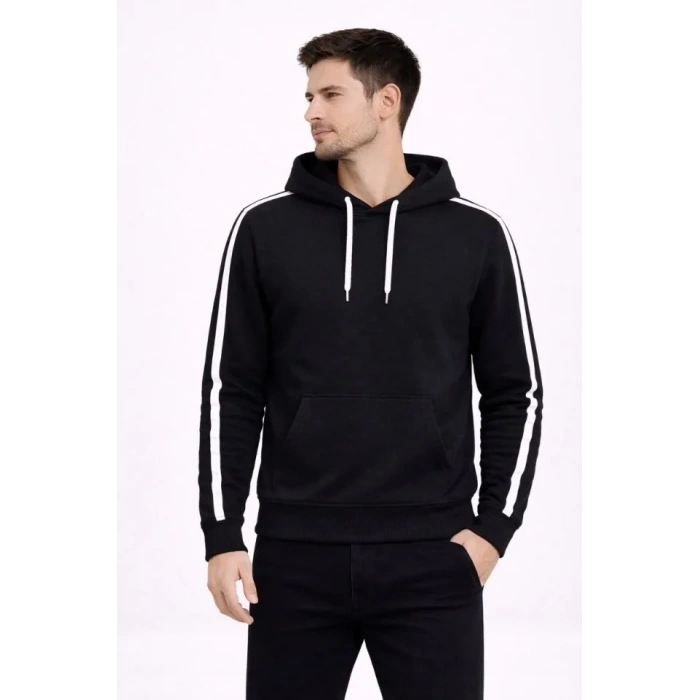 Biçomi Erkek Şeritli Kapüşonlu Sweatshirt Oversize 3 Iplik Pamuklu - Siyah