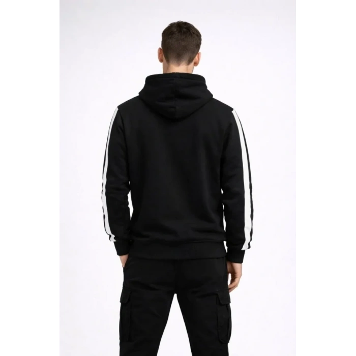 Biçomi Erkek Şeritli Kapüşonlu Sweatshirt Oversize 3 Iplik Pamuklu - Siyah