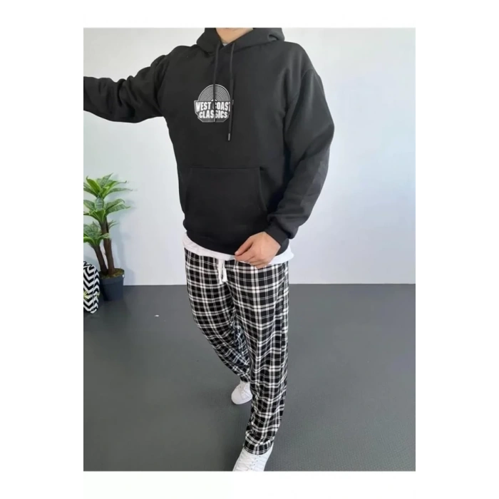 Biçomi Erkek Sırt Baskılı Kapüşonlu Üç İplik Oversize Sweatshirt - Siyah