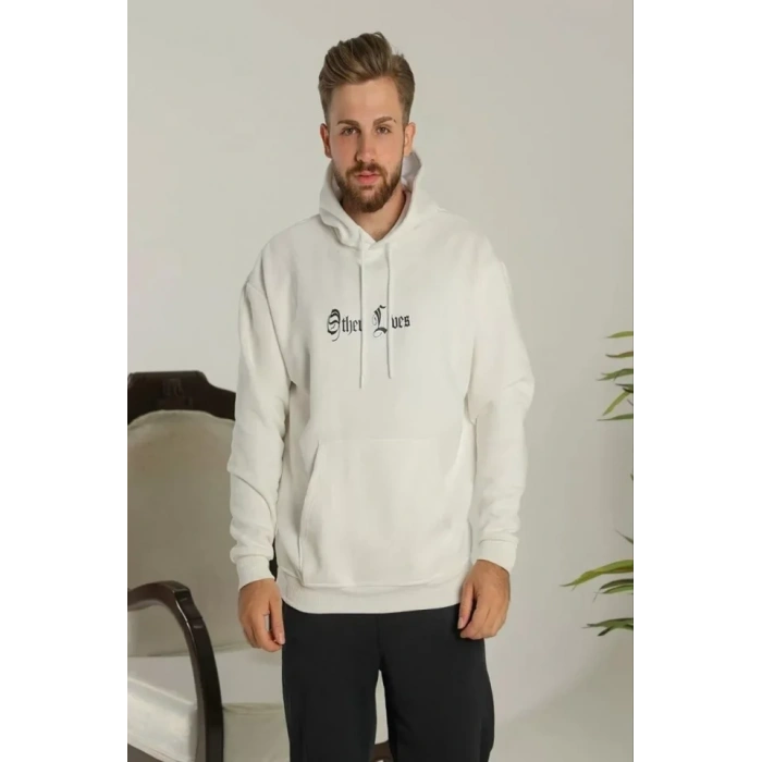 Biçomi Erkek Sırt Baskılı Oversize Üç İplik Kapüşonlu Sweatshirt - Beyaz